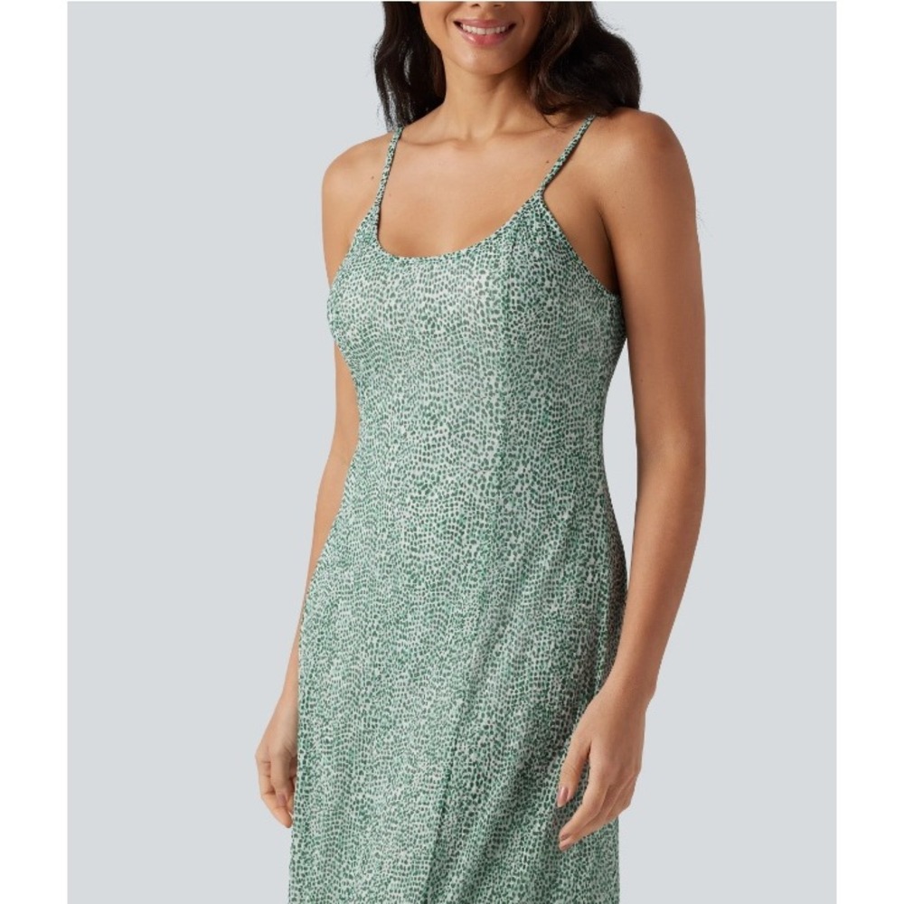 Halara Breezeful Green Polka Dot Maxi Dress Mesh Spaghetti Strap Womens Large - Picture 4 of 12
